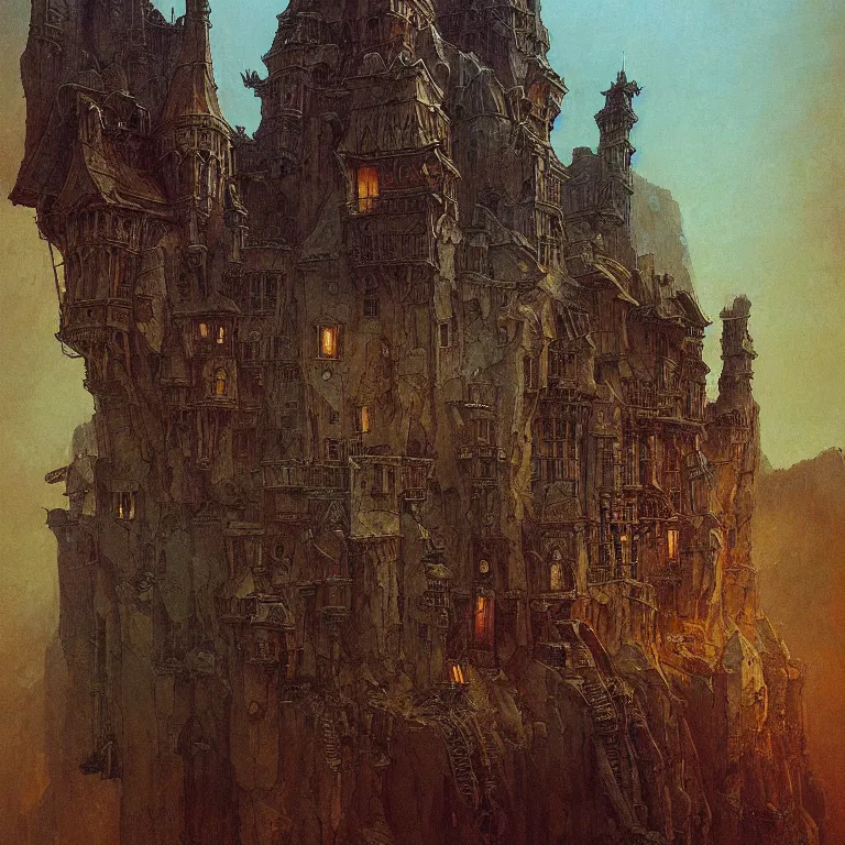 Prompt: a detailed painting inspired by moebius and beksinski of a medieval two floor building. fantasy poster. lord of the rings style. cinematic fantasy scene. fantasy. carl spitzweg. renaissance elements. renaissance element. oil painting. award winning. trending on artstation. 8 k