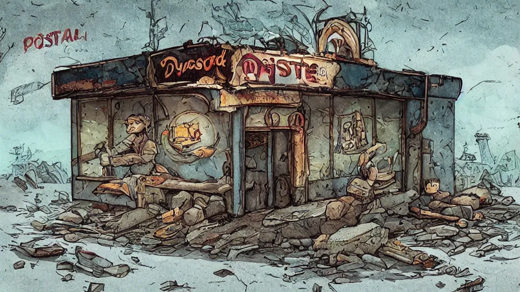 Image similar to storybook illustration signed dugout abandoned fastfood restaurant, postapocalypse, cinematic