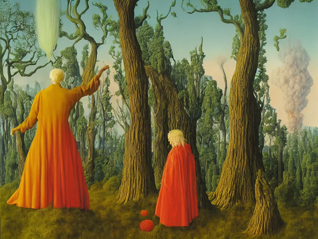 Image similar to albino mystic, with his back turned, with exotic beautiful chrysanthemum looking at a giant Sequoia forest burning with fire in the distance. Painting by Jan van Eyck, Audubon, Rene Magritte, Agnes Pelton, Max Ernst, Walton Ford