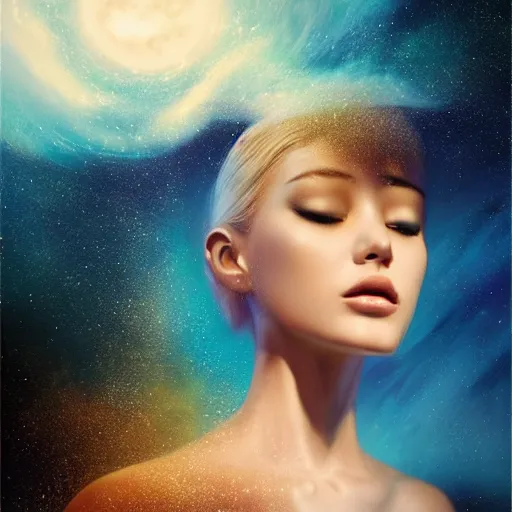 Prompt: sci - fi, 3 d, stars, blonde fashion model face closed eyes, cinematic, clouds, moon rays, vogue cover style, poster art, blue mood, realistic painting, intricate oil painting, high detail illustration, figurative art, multiple exposure, water, 3 d, by tooth wu and wlop and beeple and greg rutkowski