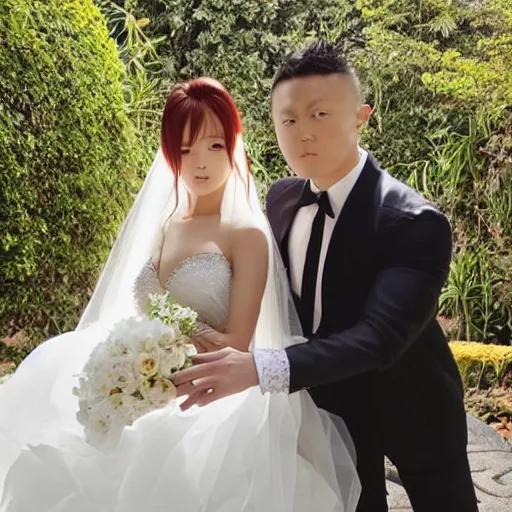 Image similar to saitama one punch man instagram couple's wedding photo shoot, closeup photo