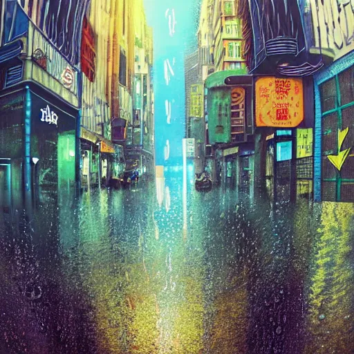 Image similar to Bustling photorealistic!!! rainy (((neon))) street in a utopian city illustrated and reimagined by Max Hay, inverted fisheye lens!!!, eyelevel!!! view!!! photography, trending on artstation, 4k, 8k, lens distortion, chromatic aberration, soft focus blur, photorealistic imagery, photorealistic details, intricate, highly detailed, artstation 3d, artstation render, artstation 3d render, 3d art, unreal engine 3d, octane 3d, blender 3d, 3d landscape