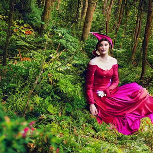 Image similar to photograph of gemma arterton, dressed as an elf in a long rainbow wedding gown, sitting in a colorful forest