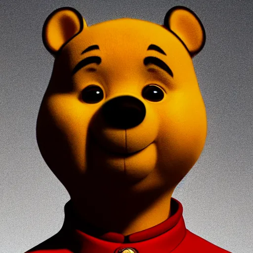 Image similar to film still photo portrait of xi jinping cosplaying as winnie the pooh, winnie the pooh xi jinping, xi jinping, realistic, hyperrealistic, 8 k resolution, hd quality, very detailed, highly detailed, intricate details, real life, real world, trending on artstation, digital art, really realistic, very realistic, headshot, head in frame, photograph, portrait