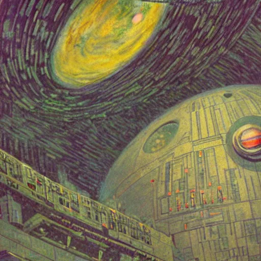 Prompt: a dk cutaway book on the deathstar illustrated by claude monet