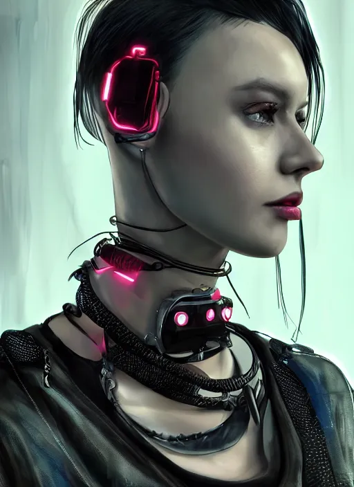 Image similar to detailed realistic female character cyberpunk wearing thick technological collar around neck, realistic, art, beautiful, 4K, collar, choker, collar around neck, punk, artstation, detailed, female, woman, choker, cyberpunk, neon, punk, collar, choker, collar around neck, thick collar, tight around neck, punk,