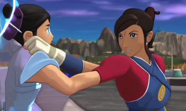 Image similar to 4k Super Smash Brothers screenshot of Korra punching Mario