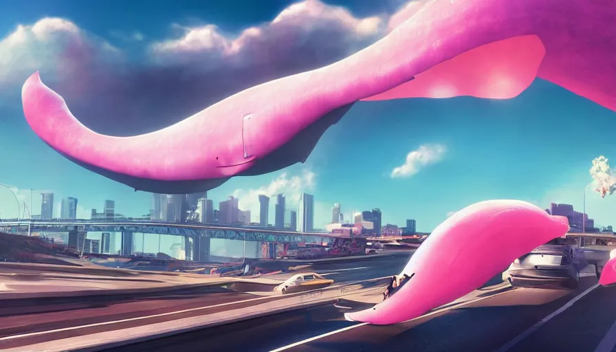 Prompt: a giant pink whale falling out of a blue sky onto cars on a busy bridge, cinematic lighting, artstation, establishing shot, wow