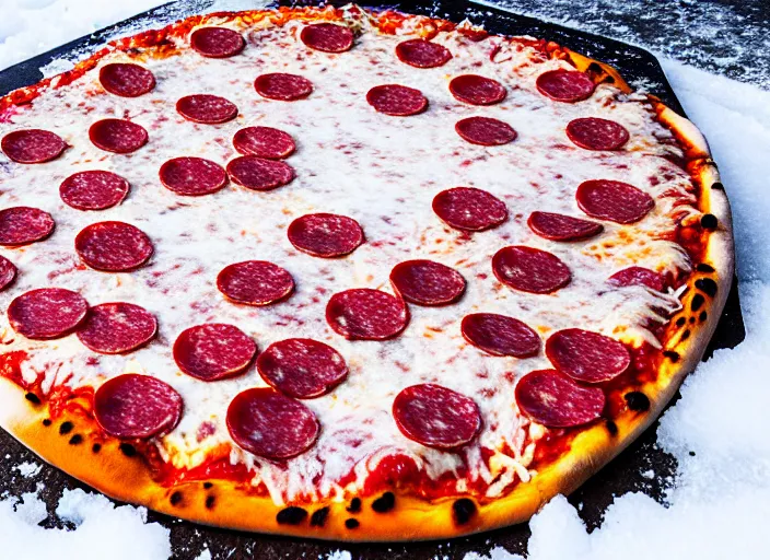 Prompt: clear highly detailed photorealistic food photograph of a wood oven cooked pizza half frozen in ice with salami pepperoni lying in the snow