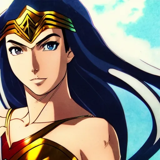 Image similar to wonder woman anime, animation still, hand drawn cel,! anime! animation, capcom, realistic, character select portrait, by artgerm, greg rutkowski, alphonse mucha, 3 d