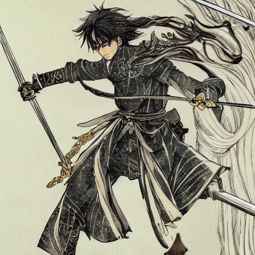 Prompt: a handsome golden Vagabond magic swordsman glides through a beautiful battlefield magic the gathering dramatic esoteric pen and ink illustrated in high detail by Kishimoto