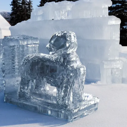 Image similar to a chair made of ice with a dog made of ice sitting on it. Photography. Highly detailed. 8K