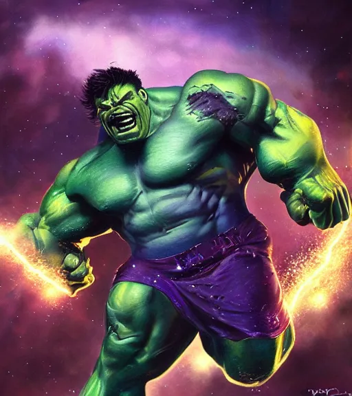 Prompt: cosmic hulk. realism art, high detailed, fine art, trending on artstation, smooth draw, perfect lightning, sharp focus.