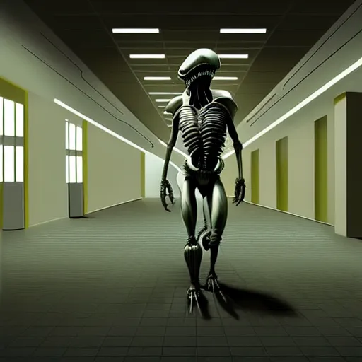 Image similar to detailed realistic xenomorph in an endless empty office building, pale yellow walls, moist brown carpet, defective fluorescent lighting, artstation, ultra detailed, creepy, photorealistic, nostalgia