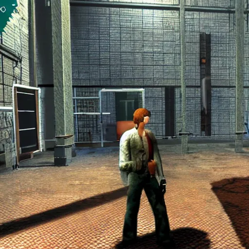 Image similar to game screenshot of Ted Kaczynski inside Ico, ps2 graphics