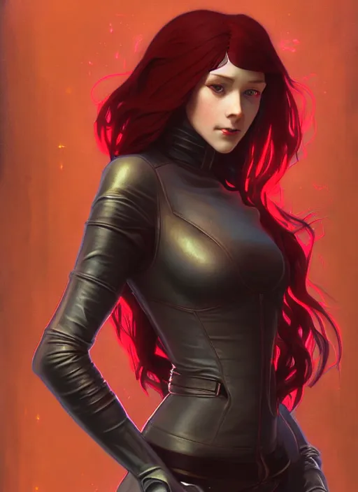 Image similar to pretty young woman with shoulder length shiny shimmering dark red hair and wearing leather suit, cyberpunk setting, path traced, highly detailed, high quality, digital painting, by studio ghibli and alphonse mucha, leesha hannigan, makoto shinkai, disney