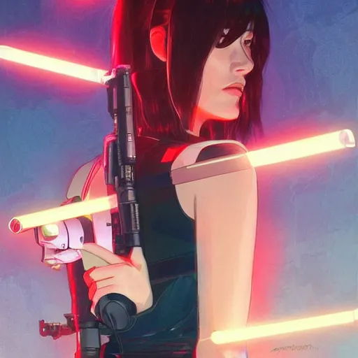 Image similar to olivia wilde holding a blaster, very very anime!!!, fine - face, realistic shaded perfect face, fine details. anime. realistic shaded lighting poster by ilya kuvshinov katsuhiro otomo ghost - in - the - shell, magali villeneuve, artgerm, jeremy lipkin and michael garmash and rob rey