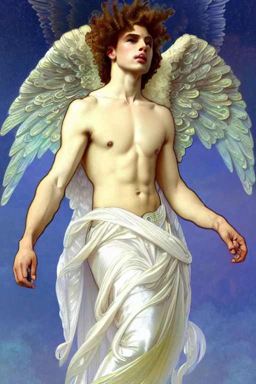 Prompt: fullbody portrait of a beautiful young fit male angel with curly blond hairs, soft smile, closed eyes, blessing palms, dressed in fluent skirt, majestic symmetrical eagle wings, luminous halo, by greg rutkowski and alphonse mucha, gradient white to gold, in front of an iridescent background, highly detailed portrait, digital painting, smooth, focus illustration