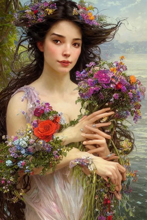 Image similar to portrait of a beautiful mysterious woman holding a large bouquet of flowing flowers, wet dripping long hair, hands disappeared under the bouquet, emerging from the water, fantasy, regal, intricate, by stanley artgerm lau, greg rutkowski, thomas kindkade, alphonse mucha, loish, norman rockwell