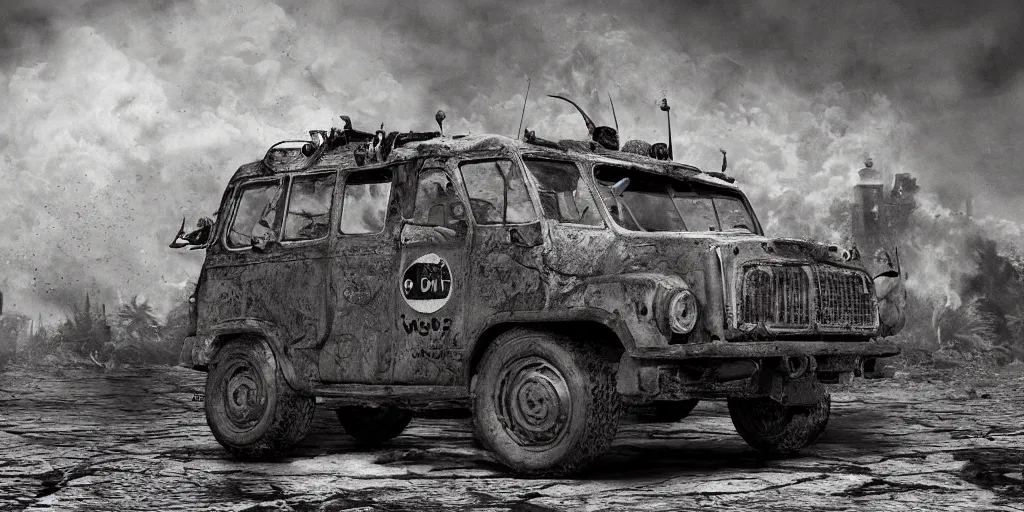 Image similar to Minion, George Miller, Photorealistic, Hyper detailed, desert, post apocalyptic, fire, dust, black and white