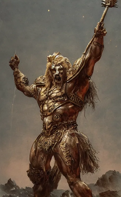 Image similar to hercules in lion ornamented armor, wearing cape, beksinski, hercules concept art, weta workshop concept art