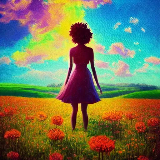 Prompt: big flower afro, full body, girl standing in the middle of a field with flowers, surreal photography, hills, sunrise dramatic light, impressionist painting, colorful clouds, digital painting, pointillism, artstation, simon stalenhag