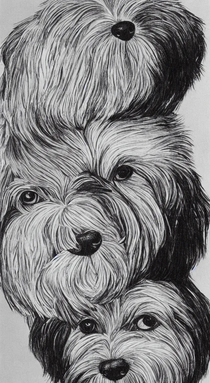 Image similar to self - portrait of a havanese dog reflected in a chrome sphere, by m c escher pen and paper