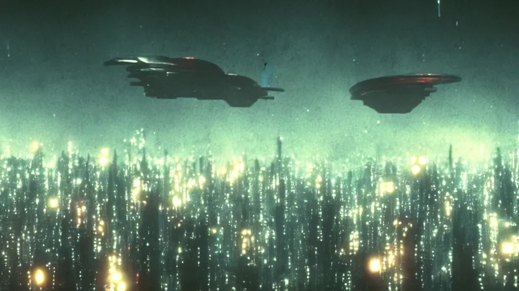 Image similar to spaceship flying over city, a screenshot of blade runner