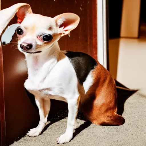 Image similar to chihuahua dog seeing his own reflection in a mirror