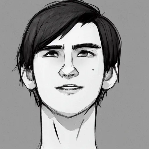 Image similar to sketch of a teenage boy with very short side part hair smiling trending on artstation