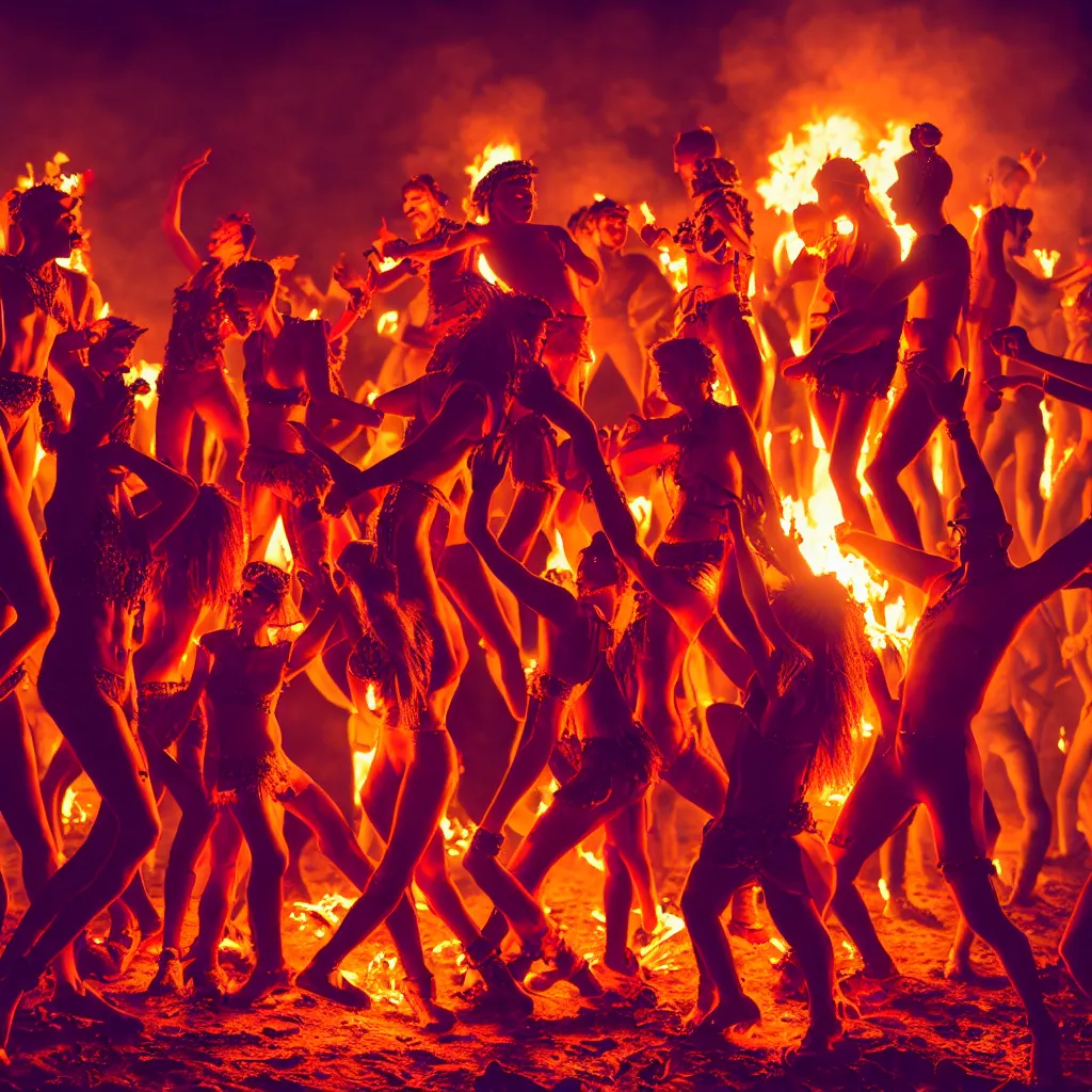 Image similar to portrait of ravers in friendly costumes with detailed faces, dancing around a fire, photorealistic, octane render, dancefloor kismet, diverse costumes, clean composition, desert transition area, bonfire, night, australian desert, zaha hadid, xf iq 4, symmetry, sony a 7 r, 1 5 0 mp, 5 0 mm