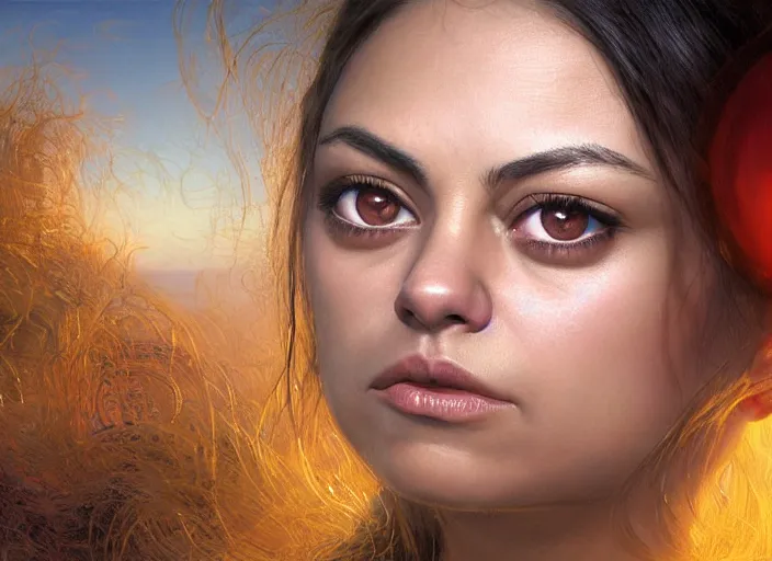 Image similar to big-eyed surprised Mila Kunis staring intensely into the camera, sundown golden hour firefly wisps, Lilia Alvarado, Sophie Anderson, Mark Arian, Bob Byerley, Charlie Bowater, Mark Brooks, Steve Henderson, Justin Gerard, Arthur Hughes, Edward Robert Hughes, Mark Keathley, Victor Nizovtsev, Carlos Shwabe, Ross Tran, WLOP