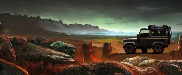 Prompt: Land Rover Defender 110 (1985), an epic fantasy, dramatic lighting, cinematic, establishing shot, extremely high detail, photorealistic, cinematic lighting, artstation, by simon stalenhag, The Elder Scrolls IV: Oblivion, Cyrodiil plains, Imperial City in the distance