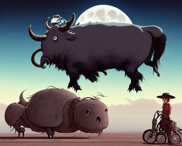 Image similar to a cell shaded cartoon grey lovecraftian mechanized buffalo from howl's moving castle ( 2 0 0 4 ), with a big head, on a desert road, wide shot, in front of a big moon, muted colors, post grunge, josan gonzales, wlop, by james jean, victor ngai, hq, deviantart, art by artgem