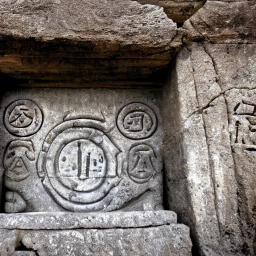 Prompt: an ancient temple, with mysterious symbols carved into the stone, scary, grotesque