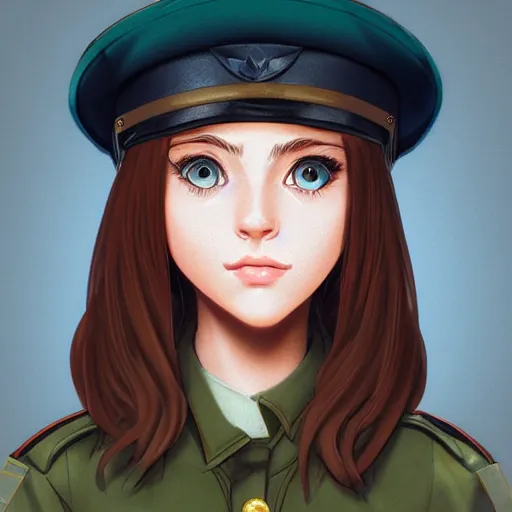 Image similar to portrait bust of young woman with long light brown hair and hazel eyes dressed in a sharp dark teal military uniform with beret, smiling, ilya kuvshinov, anime, ross tran