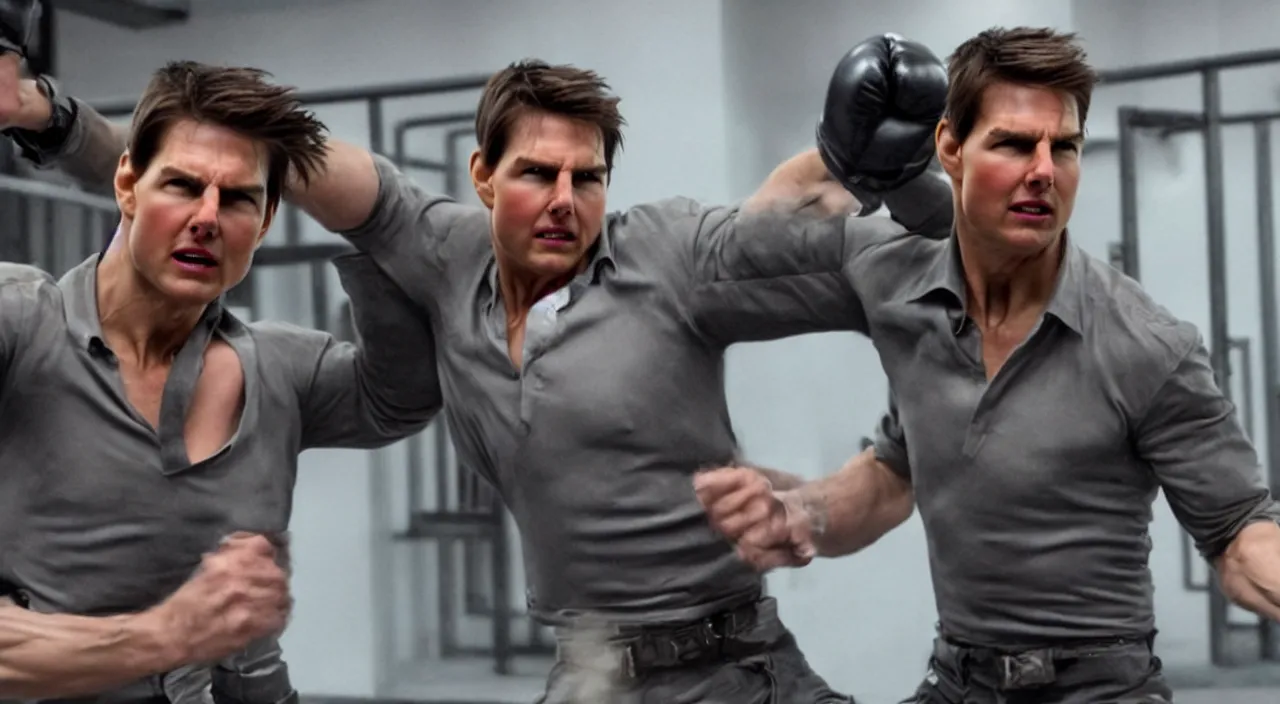 Prompt: Tom Cruise clones in Cage fight, photorealistic