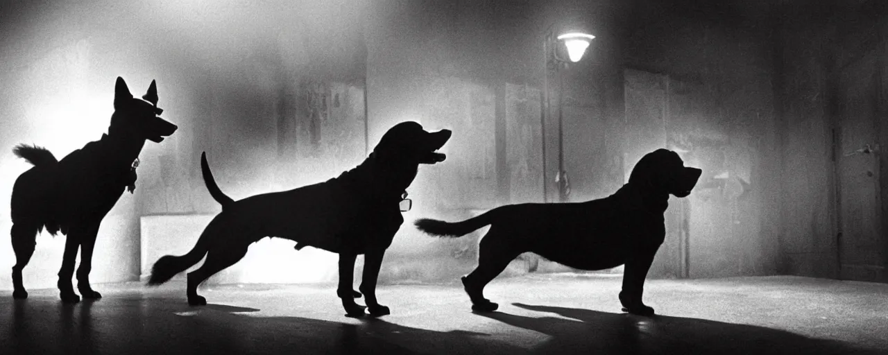 Prompt: A still frame from a noir movie in black and white featuring an old big black dog who is a private investigator, cinematic composition, dramatic lighting