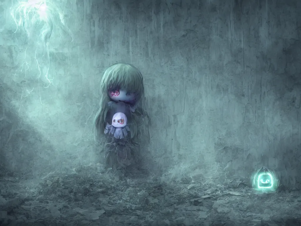 Prompt: cute fumo plush smiling ghost girl lingering in a mysterious concrete organic ruin, ectoplasmic jellyfish, technicolor horror, chibi gothic maiden in tattered rags, glowing wisps of hazy green smoke and eerie blue volumetric fog swirling about, moonlight, glowing lens flare, vray