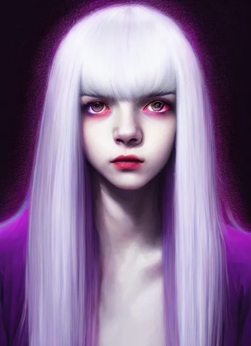 Image similar to hair whitebangs hair, black hair, whitebangs, portrait of teenage girl with white bangs, red irises, purple clothes, white bangs, bangs are different color from hair, intricate, elegant, glowing lights, highly detailed, digital painting, artstation, concept art, smooth, sharp focus, illustration, art by wlop, mars ravelo and greg rutkowski