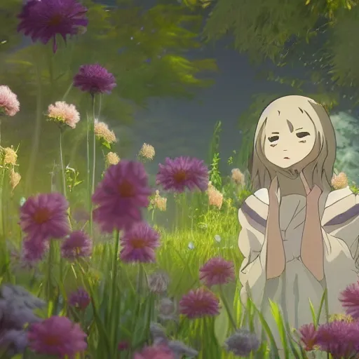 Image similar to spirit creature in the flowers at night made by studio ghibli, beautiful scene, detailed, high quality, high details, smooth, 8 k,