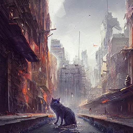 Image similar to gigantic cat walking on apocalyptic city, very detailed fine art, trend of artistation, style of greg rutkowski and kasinskii