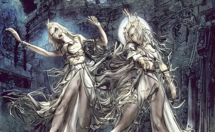 Image similar to A white priestess is conjuring a spell inside the ancient and mythical temple. By Masamune shirow