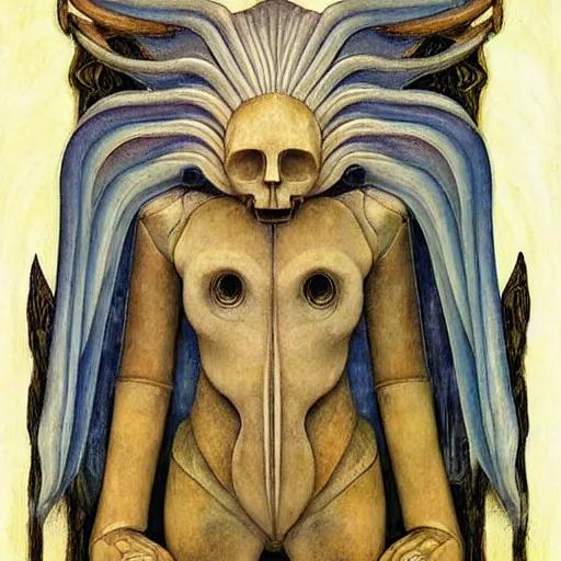 Image similar to weeping robot wearing the bone crown, by Annie Swynnerton and Diego Rivera and Evelyn De Morgan, symbolist, dramatic lighting, elaborate geometric ornament, Art Brut ,god rays, soft cool colors,smooth, sharp focus, extremely detailed, Adolf Wölfli