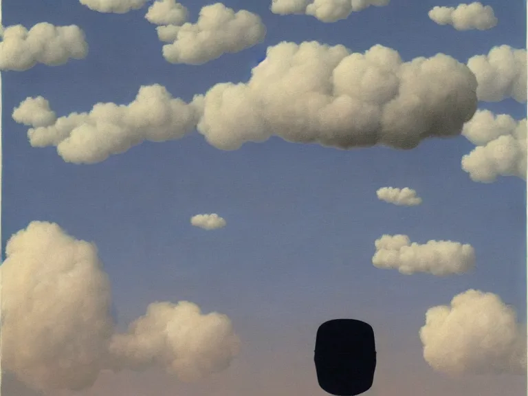 Image similar to man hidden behind cloud, painting by rene magritte, high detail, high resolution