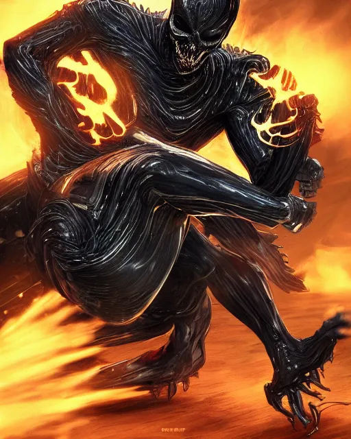 Image similar to ghost rider symbiote, dynamic lighting, fantasy concept art, trending on art station, stunning visuals, creative, cinematic, ultra detailed, comic strip style