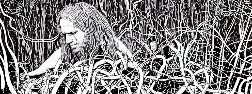 Image similar to a grunge technogaianist long-haired blonde digital musician playing modular synthesizer in the forest, technology and nature swirling in harmony, plugging vines into the synthesizer, trees swaying to the beat, postmodern surrealist concert poster, grainy poster art, hand drawn matte painting by Tara McPherson and Gary Houston, smooth, sharp focus, extremely detailed, 50mm.