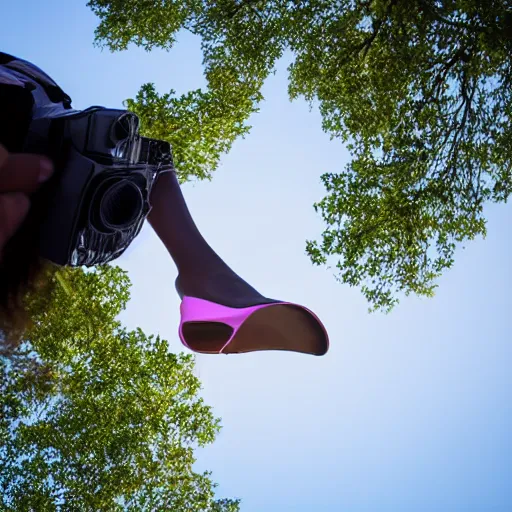 Prompt: the camera is aimed at a girl dressed in a short skirt, view from below