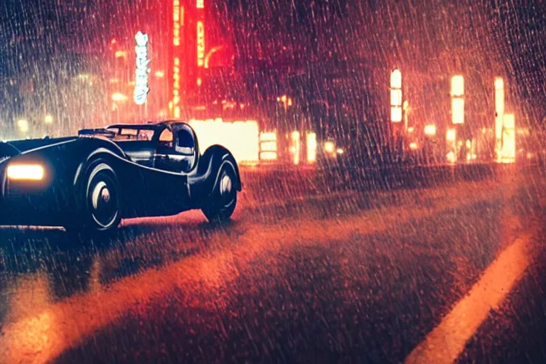 Image similar to a 1 9 3 5 bugatti, speeding down tokyo highway in the rain, night time, neon lights, thunderstorm, movie still from the movie bladerunner 2 0 4 9