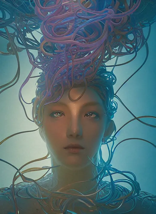 Image similar to subsurface scattering, medusa made of soft wax, cgsociety, translucent, wooden art nouveau swirls, colored smoke, gold cables, electricity, tubes, in the style of ruan jia and beeple and giger, mystical colors, back light, rim light, dramatic lighting, 8 k, stunning scene, raytracing, octane render